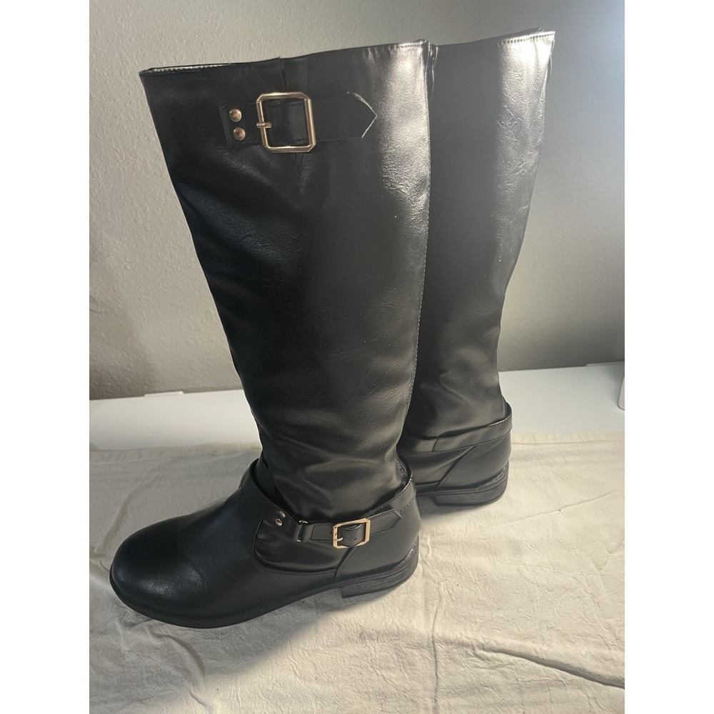 Forever Women's Black Knee High Riding Boots Synthetic Upper Buckle Block Heel